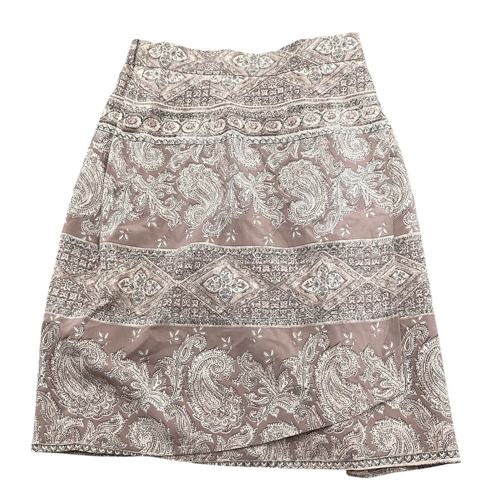 Barrie Pace Ltd Skirt Women 12 Tan Paisley Faux Wrap Lightweight Silk A-Line VTG